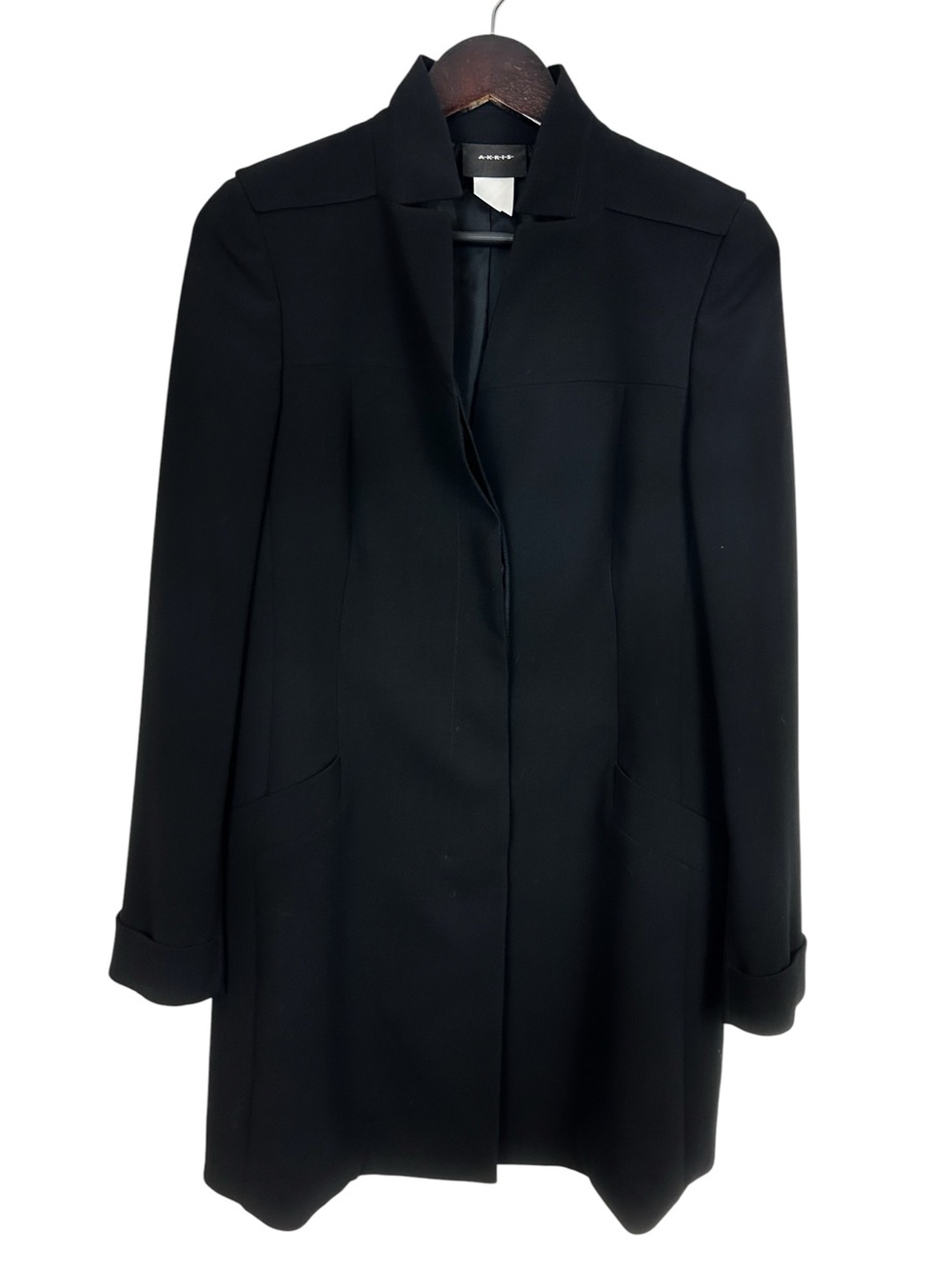 Akris Punto Black Wool Long Coat Size US 8 Concealed Buttons
